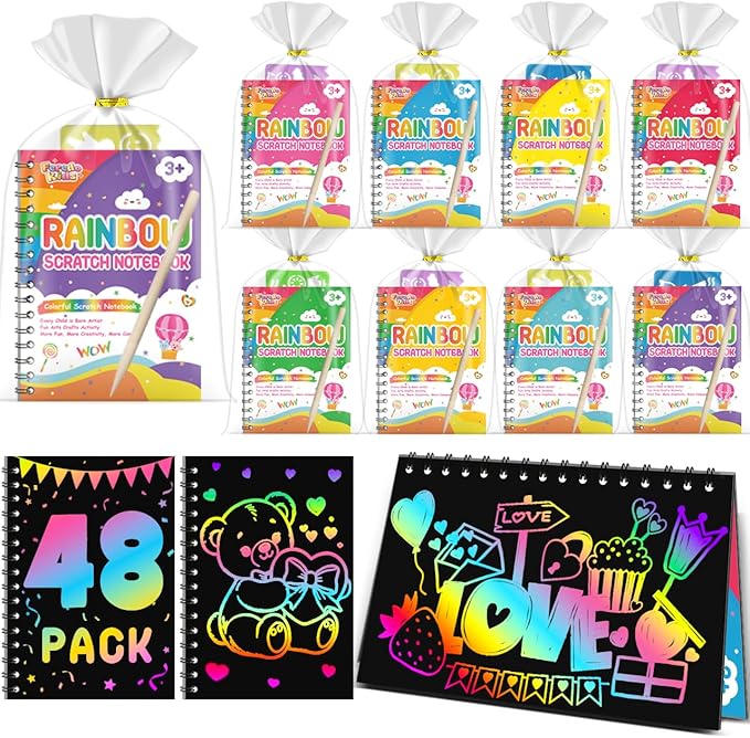 Party Favors for Kids: 48 Pack Rainbow Scratch Art Notebook Classroom School Supplies Bulk for Girls Boys Goodie Bags Stuffers, Return Gifts for Birthday Party Valentines Gift Kid Crafts