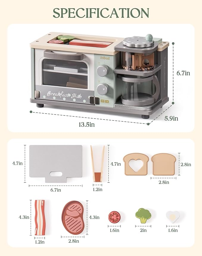 ROBUD Toddler Kitchen Playset - Wooden Breakfast Set with Coffee Maker, Toaster, Griddle, Play Food - Realistic Pretend Play Appliance and Accessories for Kids Ages 3+ Boys and Girls (Mint Green)