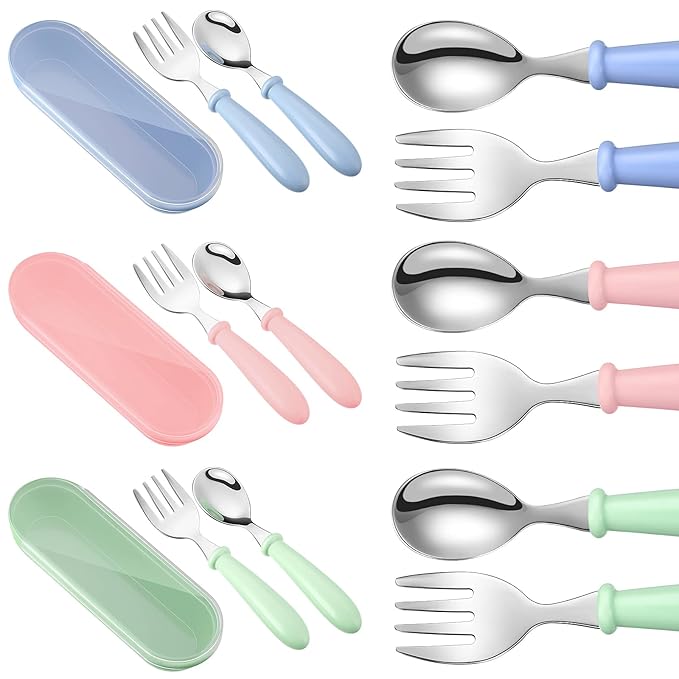 9 Pieces Toddler Utensils Stainless Steel Fork and Spoon Safe Baby Silverware Set, Kid Safe Utensils Children's Flatware Kids Cutlery Set with Round Handle for LunchBox (Blue, Green, Pink)