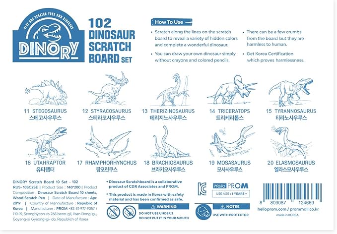 DINORY Scratch Art for Kids & Adults, Dinosaur Scratch Set 102 (10 Dinosaurs)