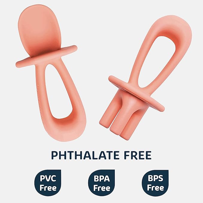 Tiny Twinkle Silicone Training Utensils - Baby Spoons and Baby Forks For Self-Feeding Training - Silicone Baby Led Weaning Utensils For Toddlers And Babies 6-24 Months - Baby Feeding Supplies (Coral)