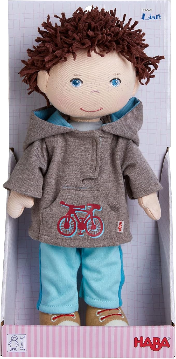 HABA Lian 12" Soft Boy Doll with Brown Hair, Blue Eyes and Embroidered Face (Machine Washable)