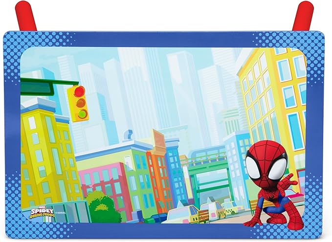 Delta Children - Marvel Spidey and His Amazing Friends 4-Piece Toddler Room-in-a-Box Set – Includes Sleep and Play Toddler Bed, Table, 1 Chair and Fabric Toy Box, Blue/Red