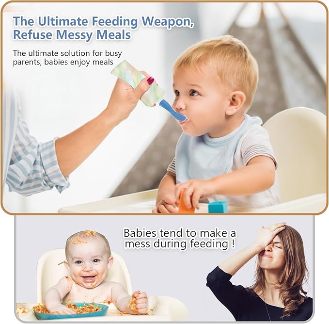 Silicone Spoon Attachment for Baby Food Pouch with On-the-Go Cases - Includes 2 Squeeze Pouch Topper Attachments (White-Blue)