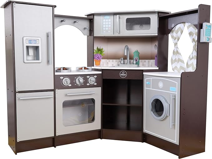 KidKraft Ultimate Corner Wooden Play Kitchen with Lights & Sounds, Play Phone and Curtains, Espresso, Gift for Ages 3+