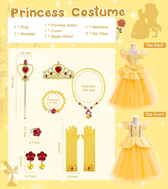 Princess Dress Up Clothes for Little Girls, Belle Costume Dress with Accessories for Birthday Party Cosplay Halloween