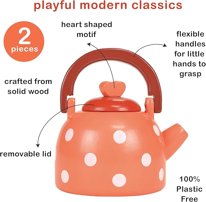 Mentari Toys - Dotty Kettle - Polka Dot Wooden Pretend Play Kitchen Accessory with Removeable Lid - Imaginative Teatime Fun for Toddlers - Encourage Role Play and Develop Social Skills - Age 3+
