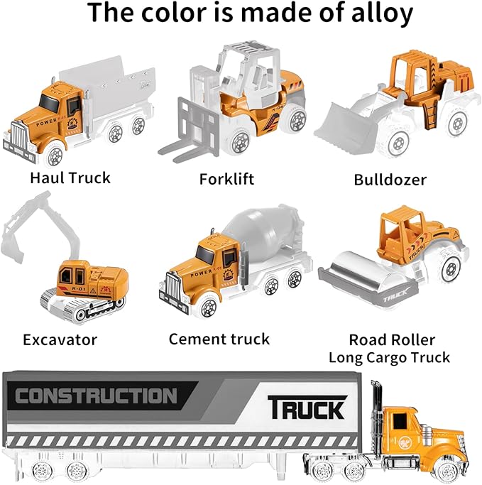 TEMI Diecast Engineering Construction Vehicle Toy Set w/Play Mat,Truck Carrier, Forklift, Bulldozer, Excavator,Dump Truck, Alloy Metal Car Toys Set for 3 4 5 6 Years Old Toddlers Kids Boys & Girls