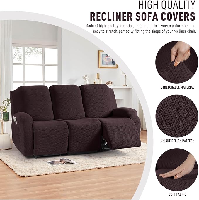 KinCam Recliner Covers, Stretch Reclining Chair Covers, Recliner Sofa Slipcovers Stripe Jacquard Recliner Couch Covers Furniture Protector Covers for Pet Kid (3 Seater, Chocolate)