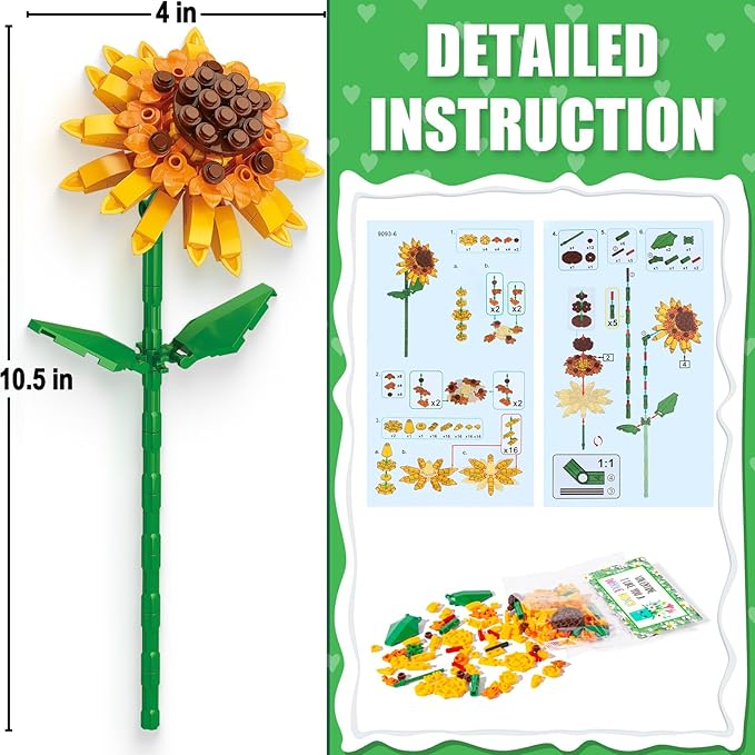 Valentines Day Gifts for Kids Teens, 24 Pack Sunflower Bouquet Building Blocks with Gift Cards for School Classroom, Bulk Boy Girl Kid Valentine Party Favors Exchange Goodie Bag Gifts Stuffers