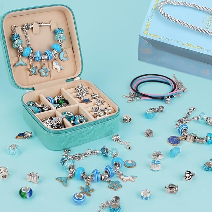Charm Bracelet Making Kit, Kid Jewelry Making Kit for Girls 8-12, Unicorn Craft Kits for Teen Girls Toys Ages 3-10 Years Old Girl Gifts Trendy Stuff Birthday Christmas Gift with Initial Jewelry Box-N