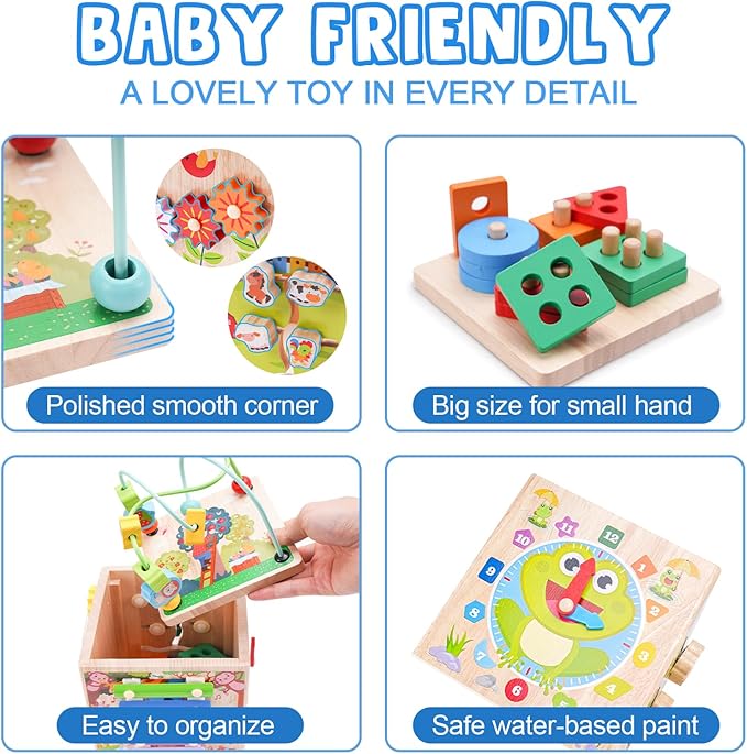 Wooden Activity Cube | Montessori Toys for 1 2 3 Year Old Toddlers | One Year Old 1st First Birthday Gift | Educational Toys for 12+ Months Baby Boys Girls | Bonus Sorting & Stacking Game (Pink)