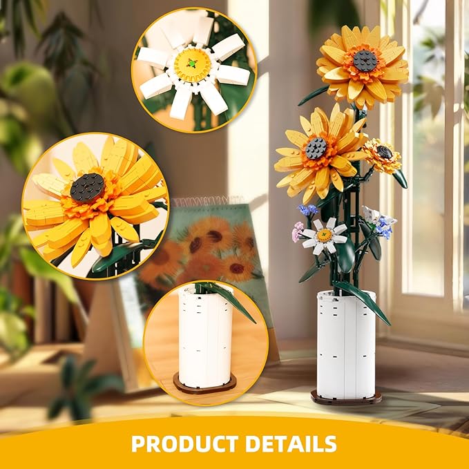 Bentex Sunflower Building Block Set, Beautiful Flower Bouquet with Vase for Adults Teens, Gift for Birthday Anniversary for Her & Him, Vibrant Home Decor for Flower Lovers (821pcs)