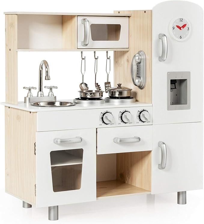 Costzon Kitchen Playset for Kids, Wooden Pretend Cooking Kitchen w/Utensils, Oven, Cabinets, Faucet, Sink & Telephone, Toddlers Play Kitchen Set with Accessories Gift for Age 3+ (Natural)