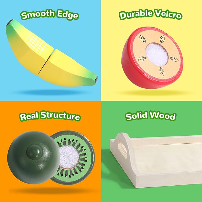 Fajiabao Wooden Play Food Set for Kids Kitchen Montessori Toddlers Toys 1-3 Pretend Cutting Fruit Educational Birthday Gifts for Girls Boys 2 3 4 Year Old