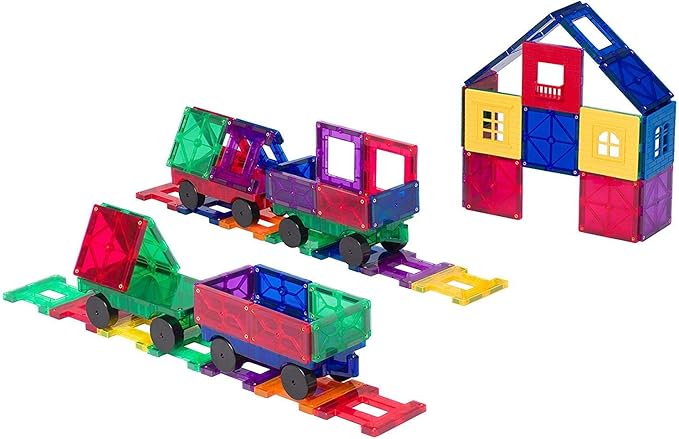 Playmags Magnetic Tiles Train Set, 20 Piece Accessory Set Includes 4 Trains, Stronger Magnets, Building Blocks Add-On, STEM Toys for Kids.