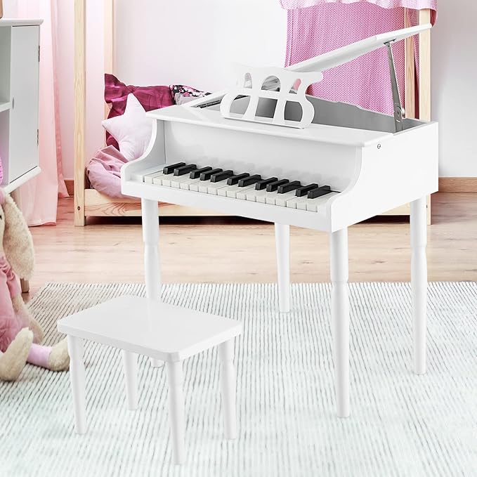 Goplus 30-Key Classical Kids Piano, Mini Grand Piano Wooden Learn-to-Play Musical Instrument Toy with Bench, Piano Lid, Music Rack, Gift for Boys Girls Aged 2+ Baby Toddler(4 Straight Leg-White)