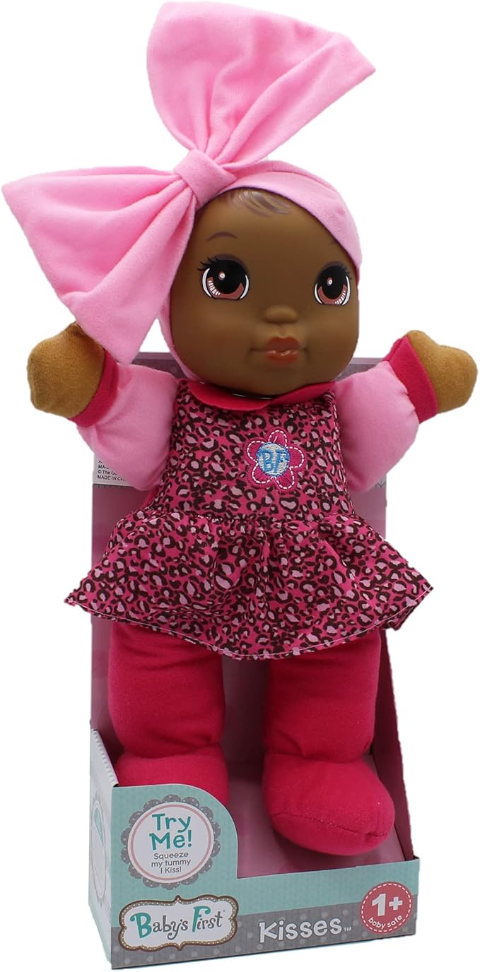 Baby's First Soft & Cuddly Baby Kisses African American Doll - Dressed in Print Top and Leggings - Press her Tummy for a Sweet Kisses Sounds and Says I Love You