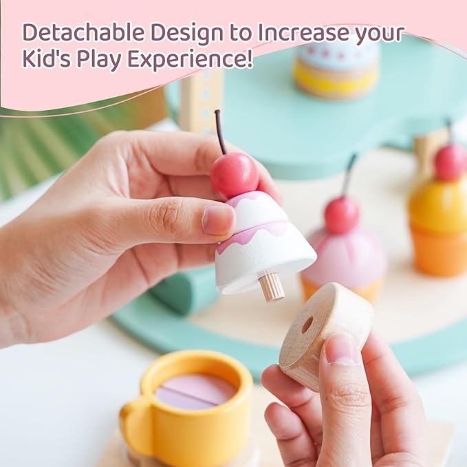 Wooden Tea Party Set,Toddler Tea Set with Cake Stand,Tea Sets for Toddlers 3-5，Pretend Play Tea Set Toy，Non-Toxic Wooden Tea Set for Little Girls Toddler Wood Tea Set Birthday