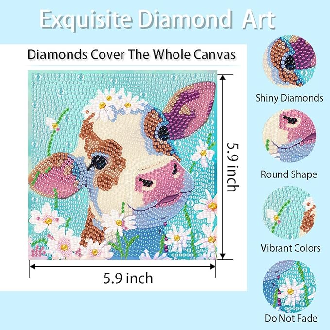 FQOVKYN 4 Packs 5D Cartoon Diamond Art Kits for Kids, Cute Animals DIY Diamond Arts Mosaic Kits for Adults Beginner, Full Round Drill Gem Art for Home Wall Decor Kids Present 6X6 inch