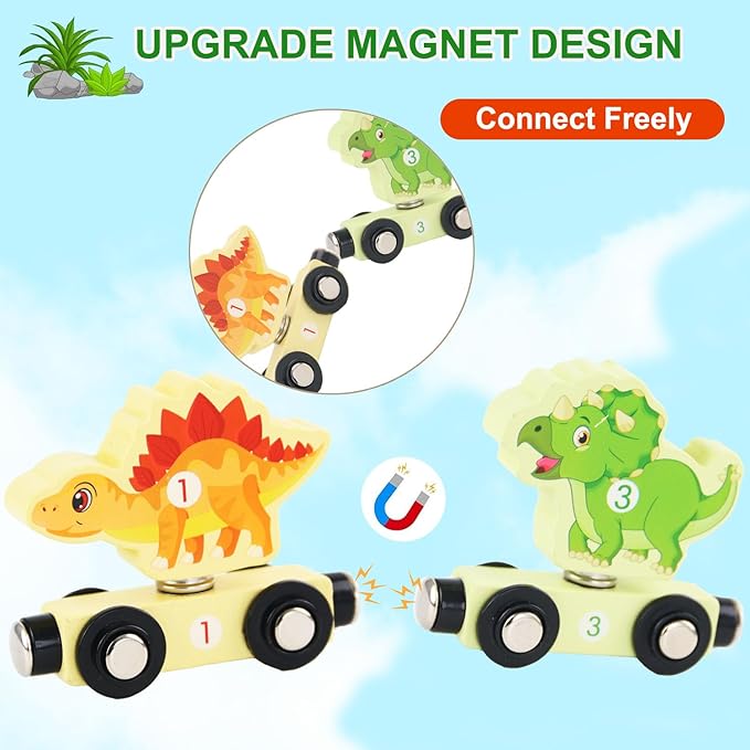 Magnetic Wooden Dinosaur Train Set Montessori Preschool Educational Car Toys for Baby Toddlers Infants Boys Birthday Gifts
