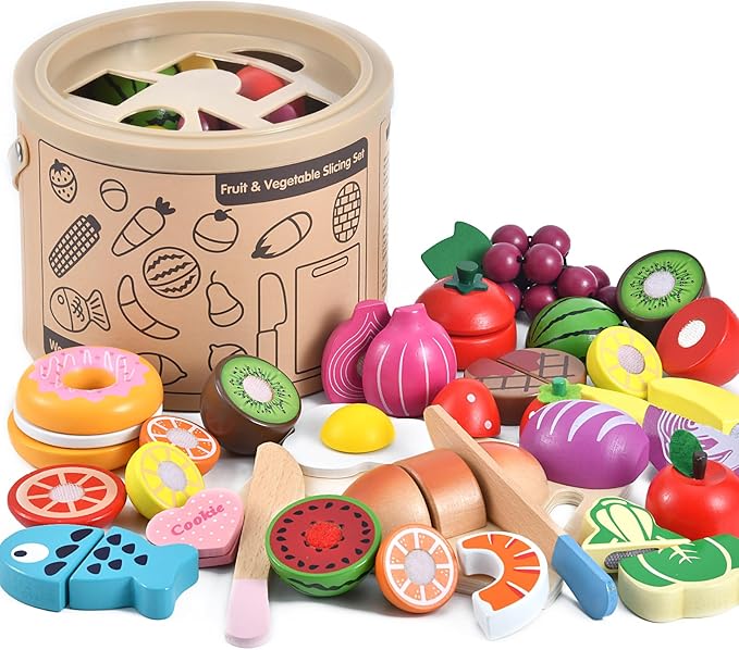 WHOHOLL Wooden Play Food for Kids Kitchen Playset, Play Kitchen Accessories Pretend Cutting Food Montessori Toys for 2+ Year Old with Basket, Toy Food for Fine Motor Skills