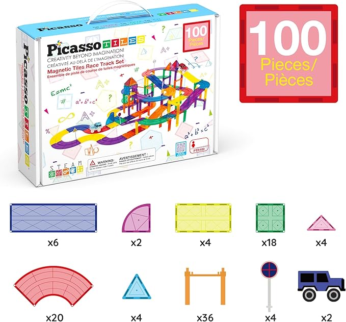 PicassoTiles 100 PCs Race Car Track Set Magnetic Toy Building Block with 2 LED Cars with Height Adjustable Roads Signs Education STEM Building Kit Learning Construction Fun for Boys & Girls Ages 3+