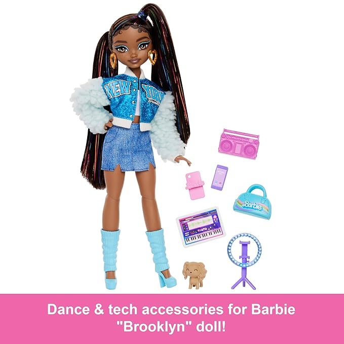 Barbie Dream Besties Doll & Accessories Playset, Brooklyn” Posable Fashion Doll with Long Black Hair, 9 Music-Themed Pieces