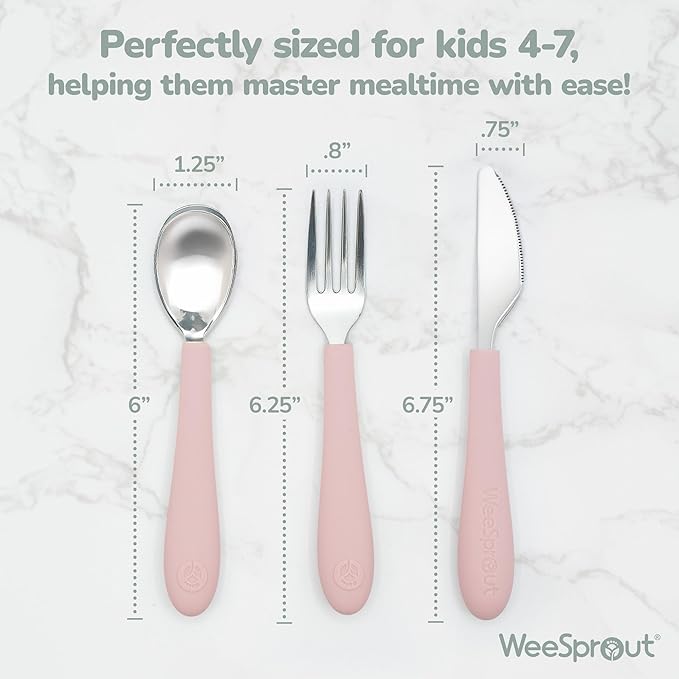 Kids Stainless Steel Utensils Set - Premium 18/8 Grade Silverware Kit - 2 Spoons, 2 Forks, and 2 Knives for Ages 4-7 - Silicone Easy-Grip Handles - Children Flatware Cutlery (Bright - Purple, Pink)