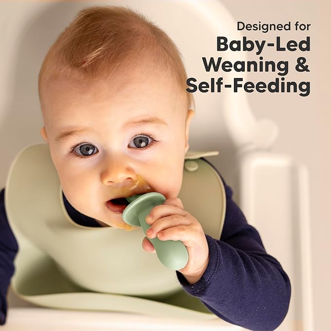 KeaBabies 4-Pack Silicone Baby Spoons and Forks Set - Baby Spoon Self Feeding, BLW Baby Utensils 6-12 Months, Baby Led Weaning Feeding Spoon, Teething Infant Baby First Food Training Pre Spoon (Sage)