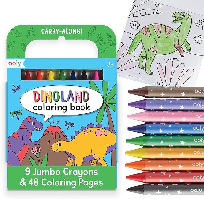 Ooly Travel Art Kit with 9 Jumbo Crayons & 48 Themed Coloring Pages & Case for Easy Traveling Art Creation, Perfect Airplane Travel Set to Entertain Kids - Dinoland