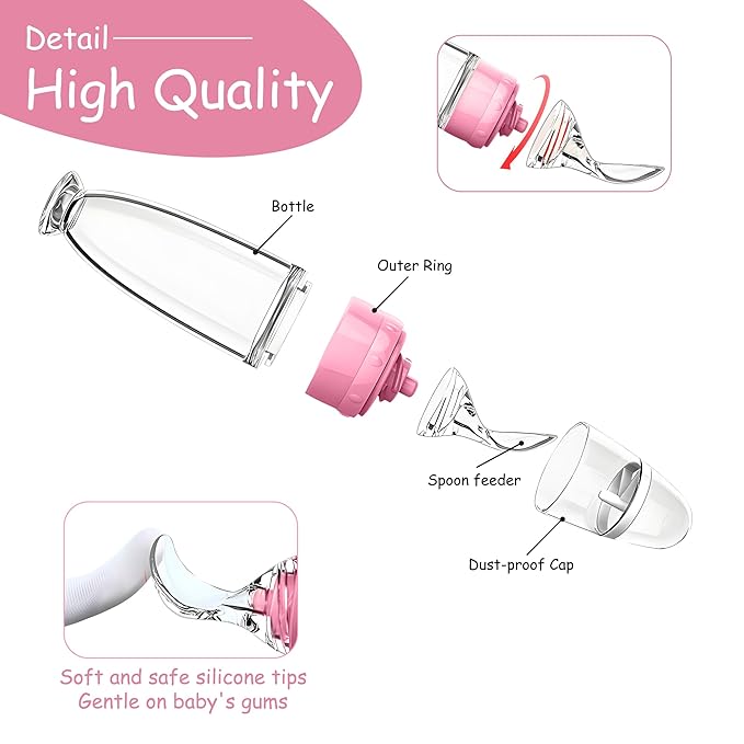 WAJIAYON Baby Food Feeder 4 Pack Silicone Baby Food Dispensing Spoon-3 oz Squeeze Feeding Spoons with Suction Cup for Boys Girl Kids Toddlers - Self Feeding Bottle Spoon-Peach Pink