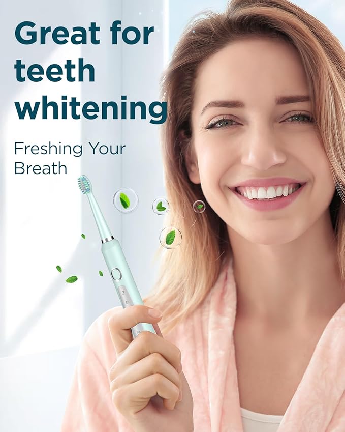 Rtauys M5 Sonic Electric Toothbrush for Adults and Kids - Rechargeable Electric Toothbrush Kids Ages 12+ and Adults with 8 Brush Heads & Travel Case, 120 Days Battery Life - Light Green