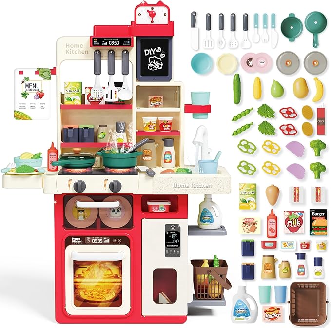 Kids Kitchen Playset: Realistic Lights & Sounds, Spray and Play Sink Simulated, Kitchen Cooking Accessories, Play Food, Ideal Gift Pretend Play Kitchen Set for Kids Girls Boys Ages 3 4 5 6+