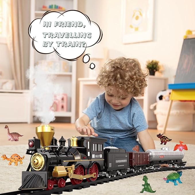 Remote Control Train Set for Kids Electric Steam Engine Locomotive, Oil Tank Train, Cargo Cars & Tracks, Realistic Smoke,Sounds & Lights, Rechargeable Birthday Gifts for Boys Girls 3 4 5 6 7+ … …