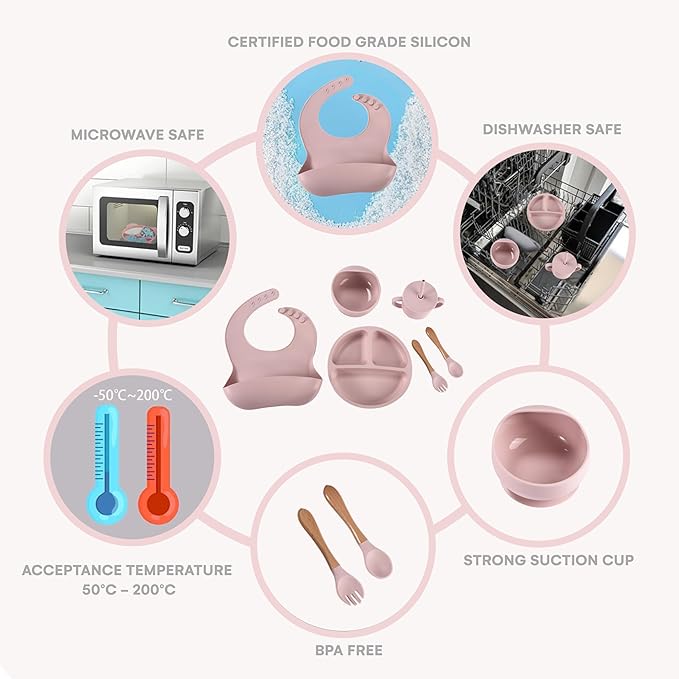 Childlike Behavior Baby Led Weaning Set 6 - Silicone Baby Feeding Set - Pastel Pink Self Feeding Baby Wooden Fork and Spoon, Plates, Bibs - Easy to Grip - Eating Learning Essentials