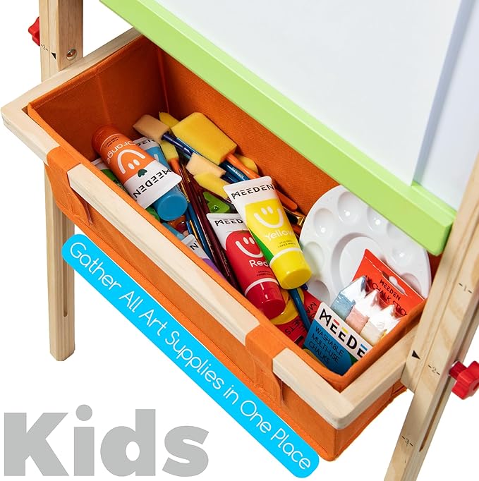 MEEDEN Easel for Kids, Double-Sided All-in-one Wooden Art Easel, Kids Art Easel Set with Paper Rolls, Magnetic Easel with Whiteboard & Chalkboard, Finger Paints, Accessories Easel for Toddlers