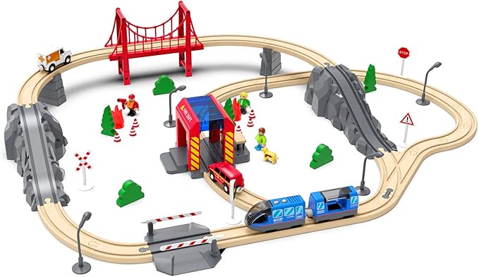 Wooden Train Track Expansion Pack, Train Accessories of City Fire Station Compatible for All Major Brands Train Set, Train Toys Railway System for Kids Ages 3 and Up.