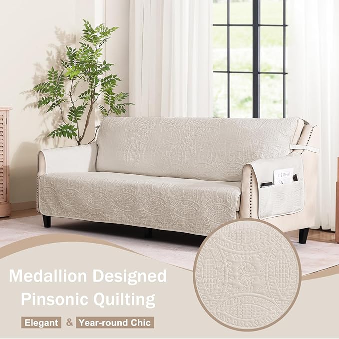 Soft Quilted Couch Cover with Pockets for Extra-Large Sofa, Anti-Slip Sofa Covers Washable for 3 Cushion Pet Friendly, Oversized Sofa Cover Water-Repellent (X-Large Sofa 78", Beige Cream)