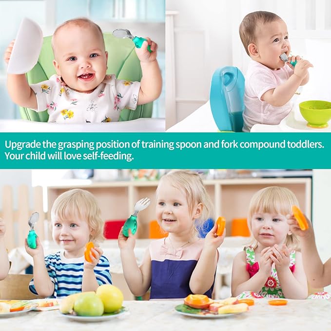 Deejoy Toddler Utensils, Toddler Spoons and Forks, Stainless Steel Spoon Toddler Silverware Set, Kids Silverware Self Feeding Flatware Set with Travel Safe Case for Kids (Green)