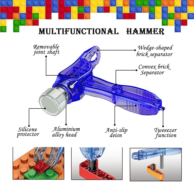 Building Blocks Tool Kit Brick Separator Tools Compatible with Lego &Technic Mini Blocks Tool Set Multi-Functional Hammer Pliers Tweezers Finger Protectors with Tin Box (Blue)
