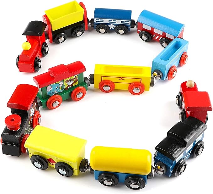 Wondertoys Wooden Train Cars 12 PCS Magnetic Train Sets Includes 3 Engines and Storage Bag - Wooden Train Set for Toddlers Compatible with Major Brands Train Set Tracks - Trains for Train Table