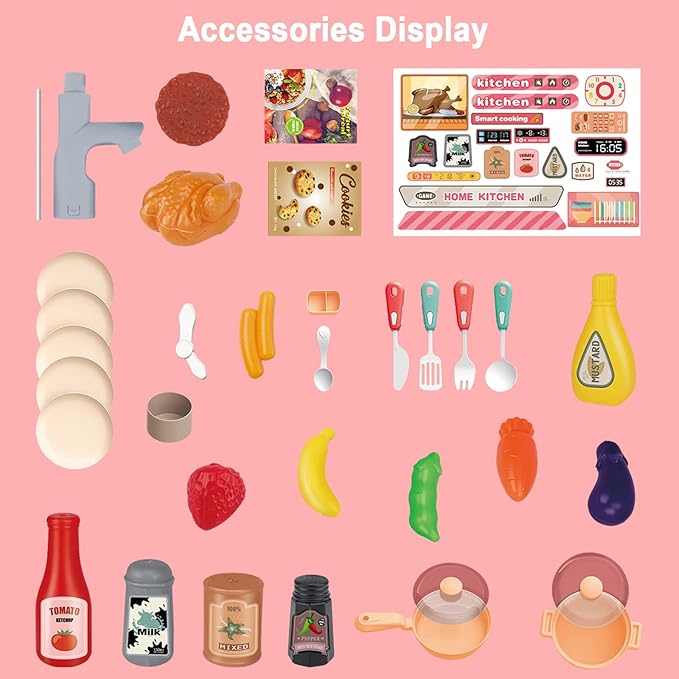 deAO Kids Kitchen Playset 35PCS Play Kitchen Toys Accessories with Sounds Lights,Cooking Stove Steam,Pretend Play for Toddler Aged 3 4 5 6 7 8 Years (Pink)