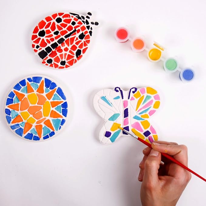 Creative Roots Mosaic Butterfly, Ladybug, & Sun Stepping Stone, Includes 3-Pack 4.5-Inch Ceramic Stepping Stone & 6 Vibrant Paints, Paint Your Own DIY Stepping Stone for Kids Ages 8+