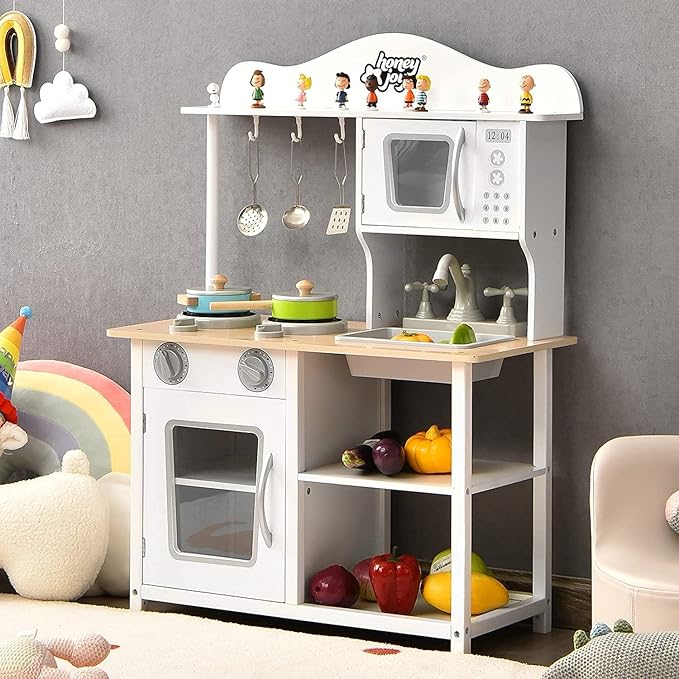 HONEY JOY Kids Wooden Kitchen Playset with Microwave, Sink, Stove & Oven, Cooking Accessories, Storage Shelf, Pretend Play Toy Kitchen Set, Gift for Boys Girls