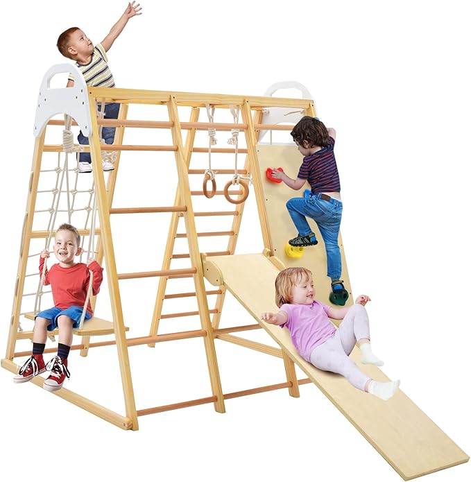 Costzon Indoor Jungle Gym, 8-in-1 Montessori Climbing Toys for Toddlers with Slide, Climbing Rock/Net, Monkey Bars, Indoor Wooden Playground Climber Playset for Kids 3-6 Years Birthday