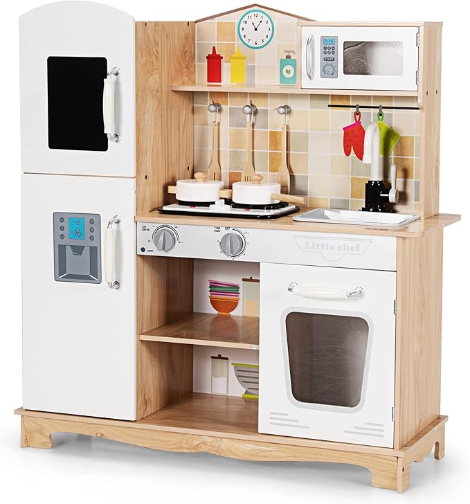 KOTEK Play Kitchen, Wooden Toddler Kitchen Playset w/Light and Sound/Blackboard/Microwave/Ice Maker/Oven/Stove/Faucet, Chef Pretend Play Toy, Kitchen Set for Kids, Gift for Girls Boys Age 3+(Natural)