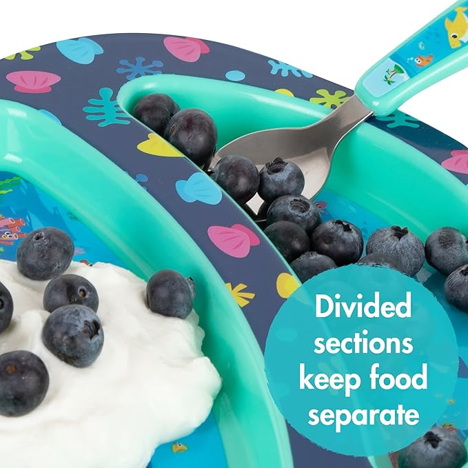 The First Years Baby Shark Dinnerware Set - Toddler Plates and Bowls Set - Includes 1 Toddler Plate, Toddler Bowl, and Toddler Fork and Spoon - 4 Count