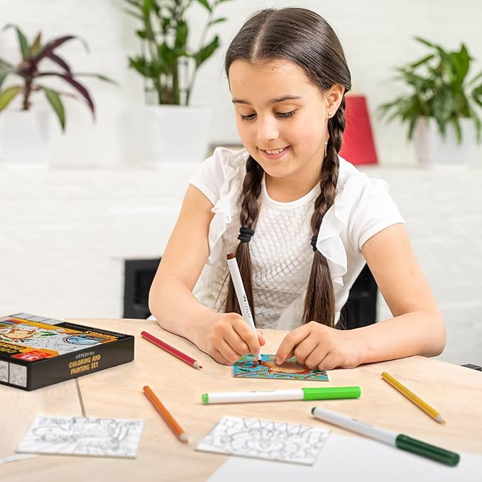 ARTEZA Kids Animals Coloring Kit, 3 Canvases 4 x 4 Inches, 10 Markers, 16 Watercolor Pencils, 1 Paint Brush, 1 Sharpener, Art Set for Kids Activities