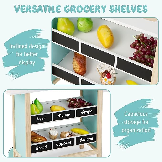 Fireflowery Kids Grocery Store Pretend Play, Wooden Ice Cream Cart w/ 6 Pieces Play Food, Bell, Scale, Toy Grocery Store Playset, Play Store for Kids, Toddlers, Boys, Girls Age 3+